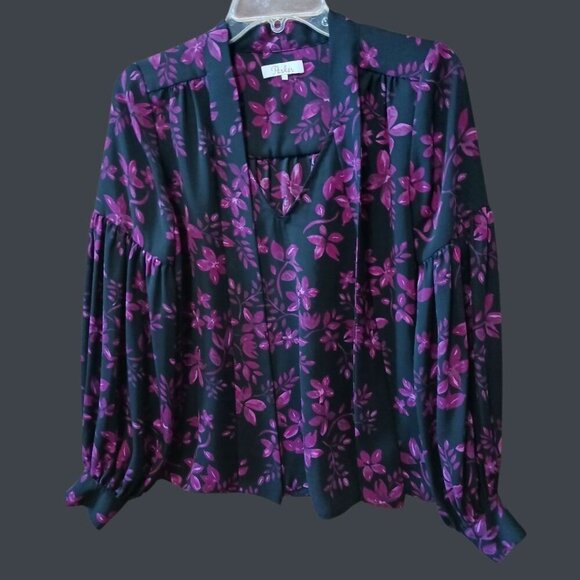 Parker Womens Floral Print  Long-Sleeve Blouse Tie Front Pink/black  Size Xsmall - Picture 3 of 14